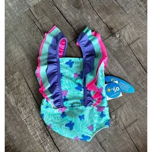 Wave Zone Girls One Piece Swimsuit Butterfly Print Ruffle Straps‎ Aqua
